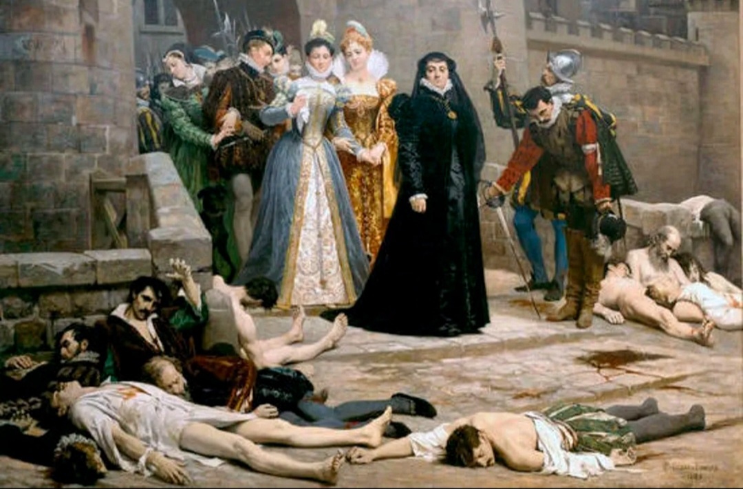 Эдуард Деба-Понсан "Утро у ворот Лувра" ("Однажды утром перед воротами Лувра")(1880) Екатерина Медичи (в черном) со своей свитой бесстрастно разглядывает тела жертв. (Источник: 8-poster.ru)