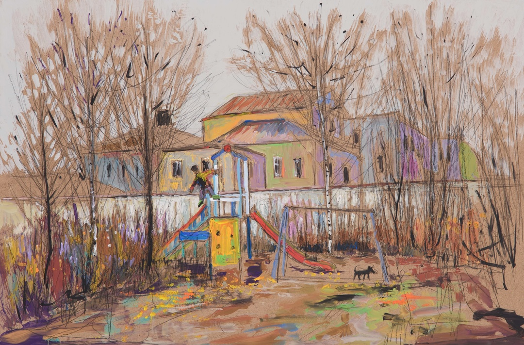 "Сюжет простой ,а в доме напротив жил Толстой". Оргалит ,акрил, 61х91 см, 2017 год.