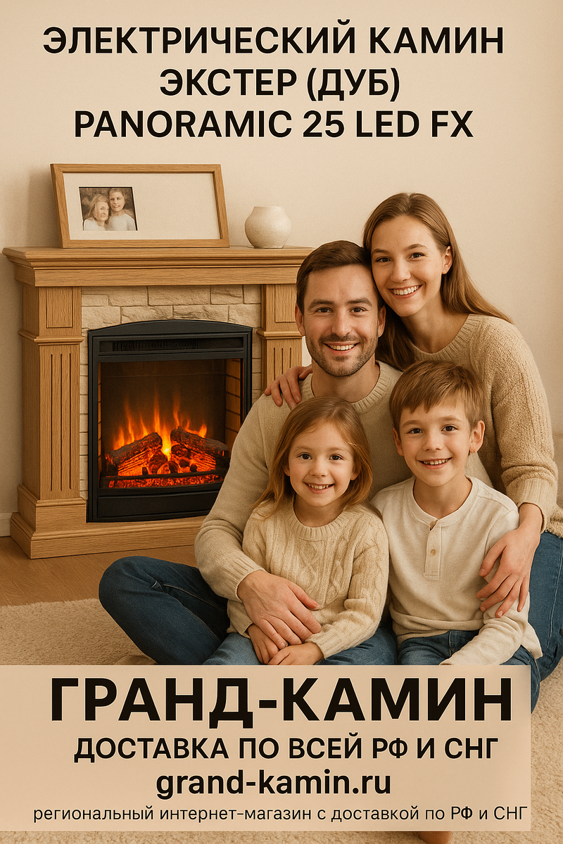    Электрический камин Экстер (дуб) с эффектом Panoramic 25 LED FX: создайте идеальный уют в вашем доме с современными технологиями и натуральным дизайном Kamin