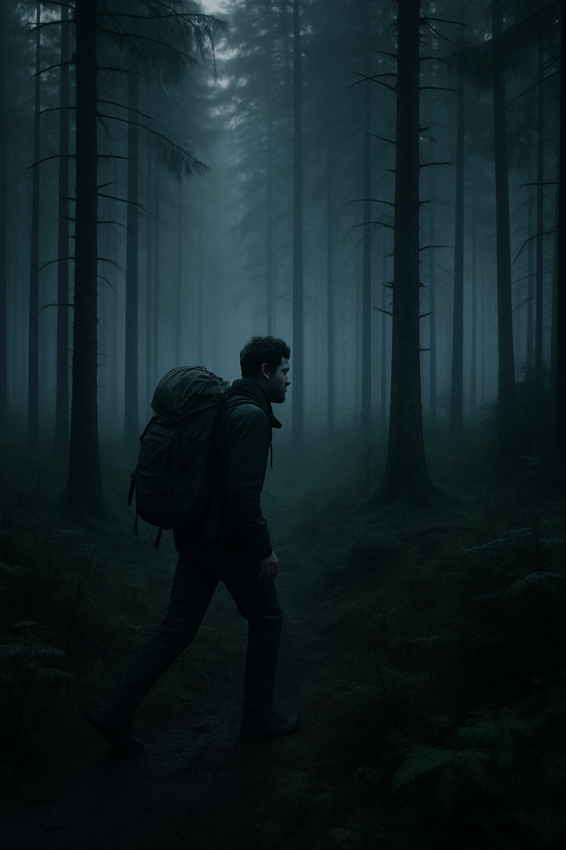 Одинокий путник в северном лесу. Иллюстрация.