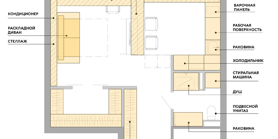 Кейс из практики: планировка 1-комнатной квартиры 34 кв.м. для девушки + фото реализации