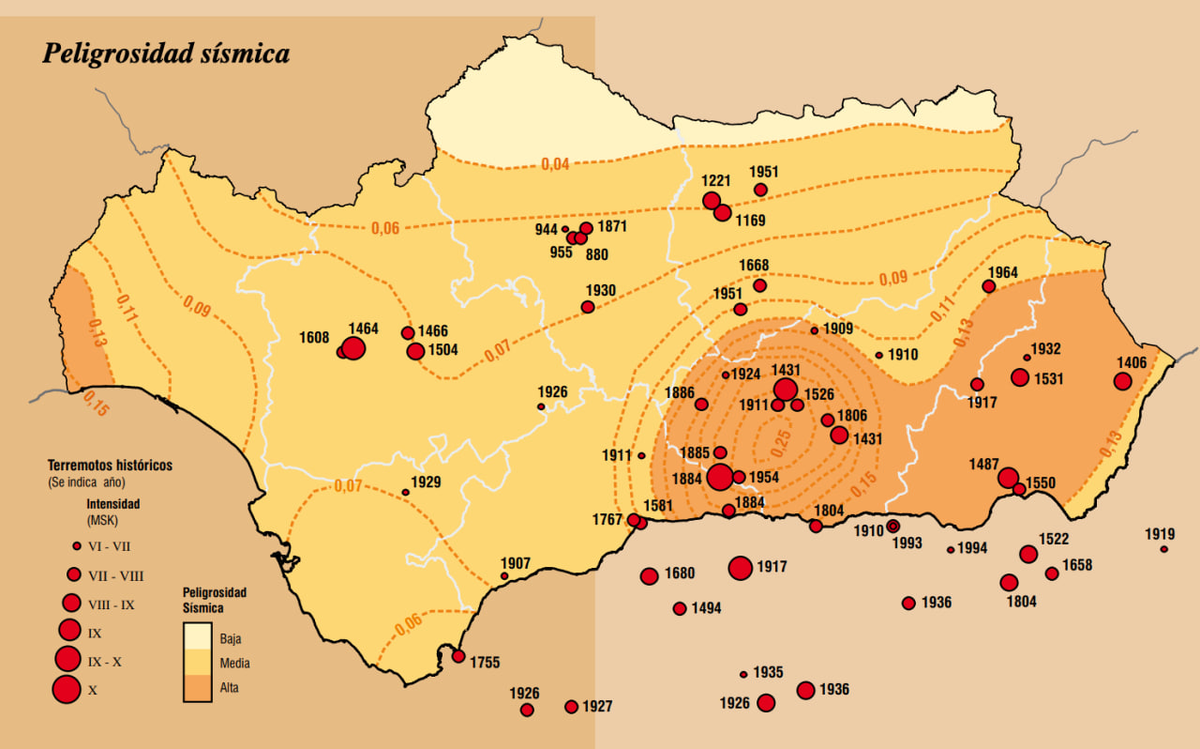 На фото: карта исторических землетрясений в Андалусии, самая горячая сейсмическая точка автономного сообщества - западная часть провинции Гранада.
