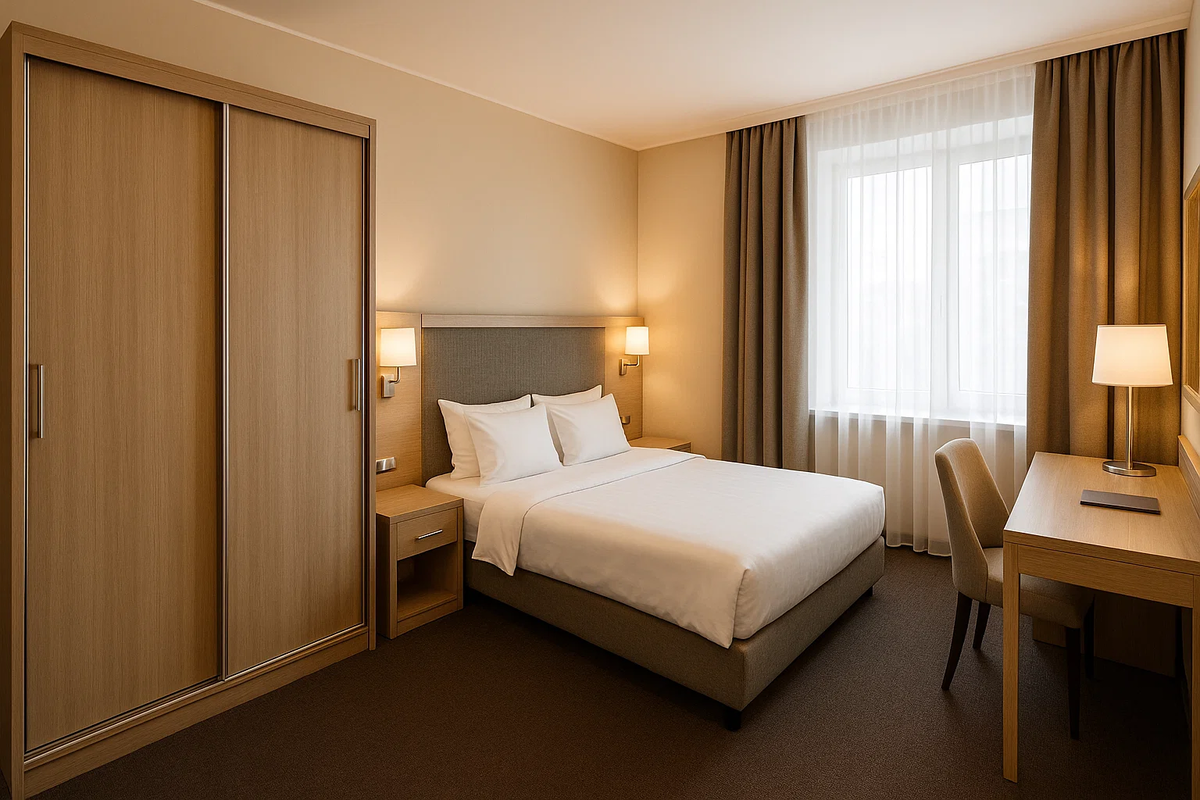 Современная корпусная мебель в номере бизнес-класса одного из отелей Санкт-Петербурга