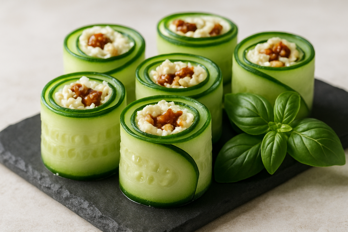 Рулетики из огурцов — быстрый и красивый вариант лёгкой закуски