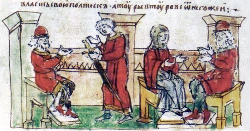 Сваты Владимира Святославича у Рогволода (слева); Рогволод беседует с Рогнедой (справа). Миниатюра из Радзивилловской летописи, конец XV века