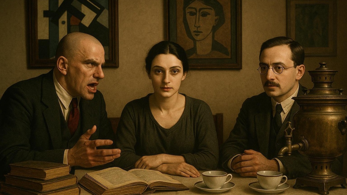 Владимир Маяковский, Лиля и Осип Брик. Нарисовано нейросетью.