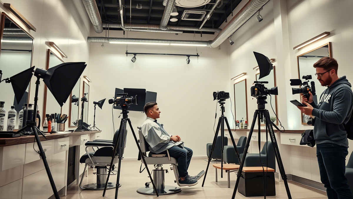 Это изображение демонстрирует профессиональную обстановку барбершопа, где проводится видеосъемка процесса стрижки.