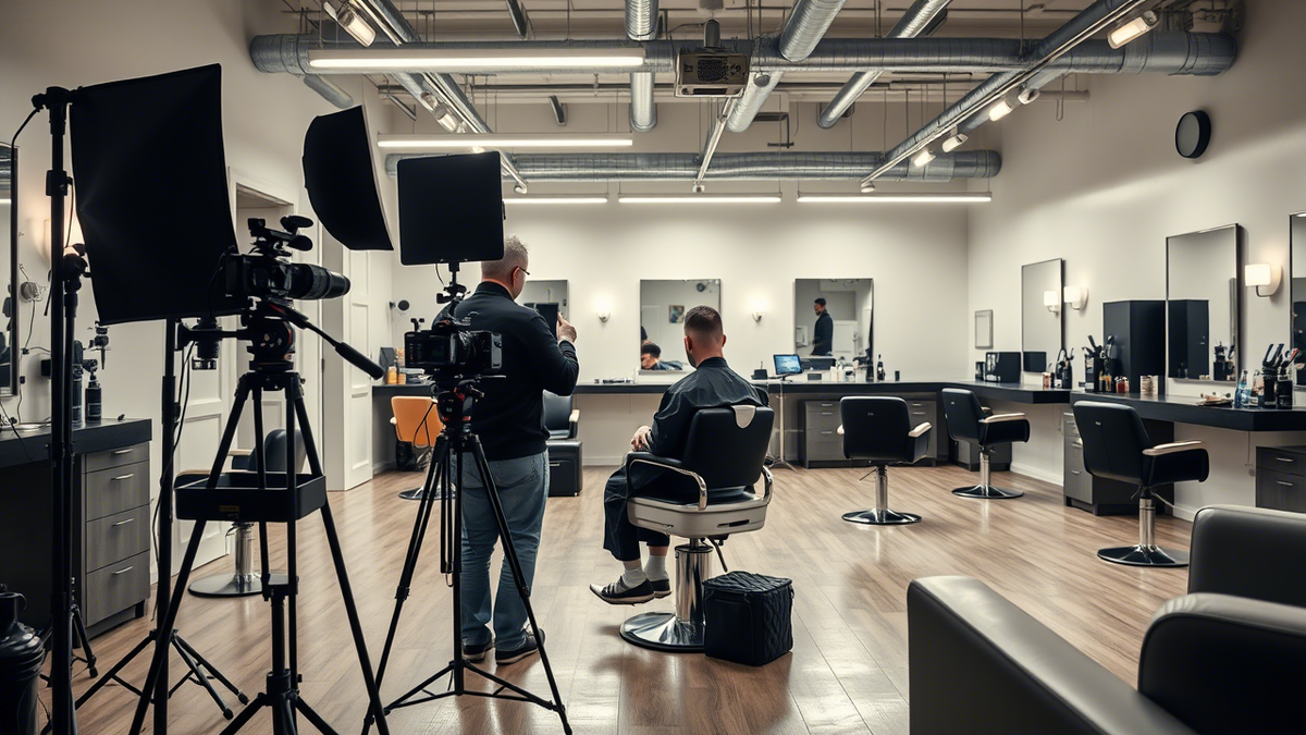 На фотографии изображен барбершоп, где проходит видеосъемка процесса стрижки. В центре кадра сидит мужчина, который является клиентом. Вокруг него расставлены осветительные приборы и камеры, которые фиксируют процесс стрижки.