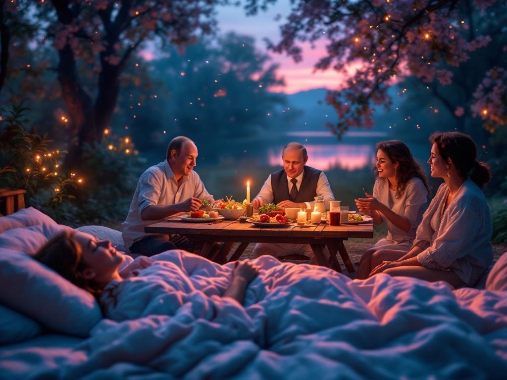    К чему такое снится: На картине изображен пикник на природе. Группа людей сидит вокруг столов, уставленных едой. Один из персонажей, мужчина похожий на Владимира Путина, весело разговари