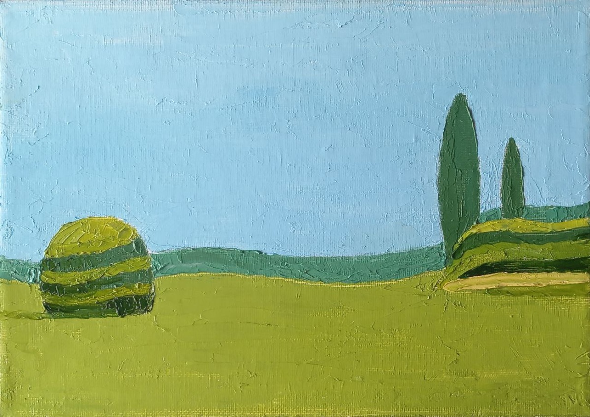 «Голубое и зеленое. версия 2.1 Окраины Донецка» Холст. Масло. 2025 г. Канал «Донецк есть»