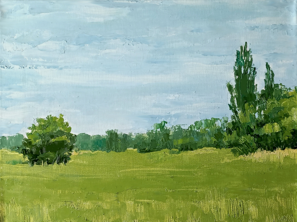 «Голубое и зеленое 1.3 Окраины Донецка» Холст. Масло. 2025 г. Канал «Донецк есть»