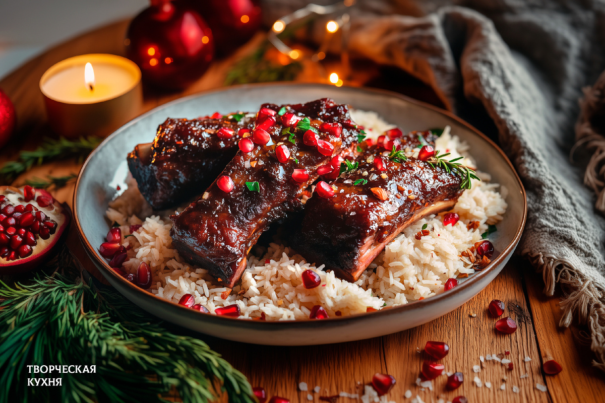 Запечённые рёбрышки в гранатово-медовом соусе.