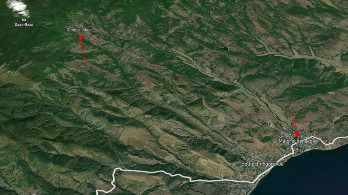 Расположение села Генеральское относительно моря