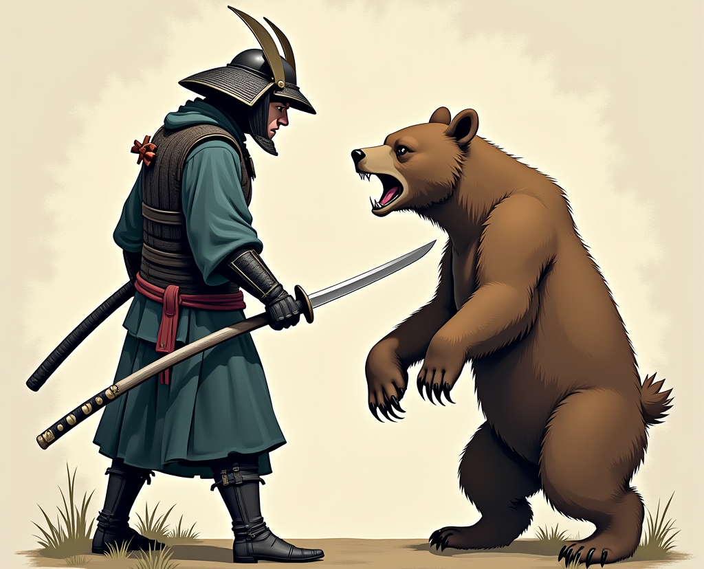 Бурый медведь против самурая. Картинка создана нейросетью.