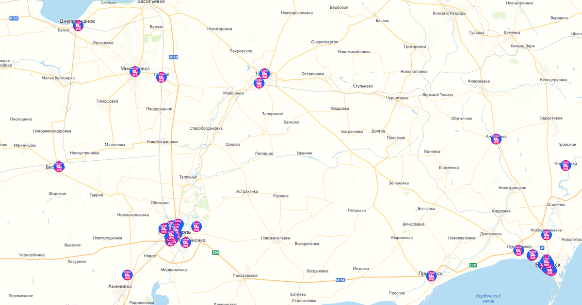 Карта пунктов получения послок СДЭК в Запорожской области 