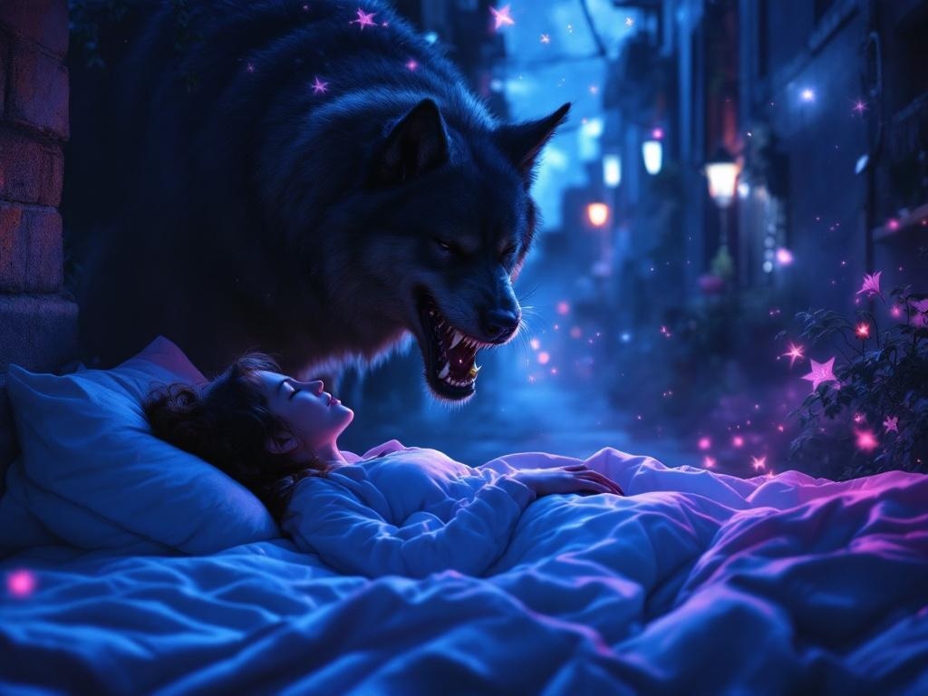    К чему такое снится: На картине изображен мужчина, стоящий в темной аллее. Впереди него агрессивная большая собака с поднятым хвостом и оскаленными зубами в позе для прыжка. Напряжение в