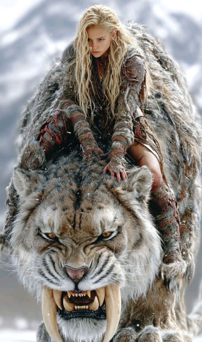 Создано с помощью ИИ. ПЕЩЕРНАЯ ЖЕНЩИНА И САБЛЕЗУБЫЙ ТИГР.