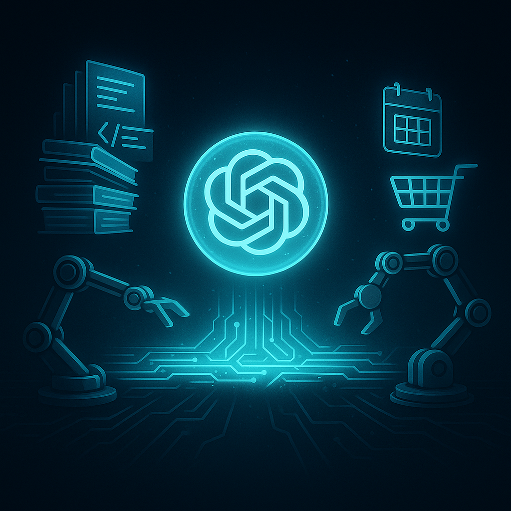 Светящийся шар‑логотип ChatGPT парит над «мостом» из световых цепей: слева висят стопки статей, графики и фрагменты кода — символ области исследований; справа механические манипуляторы взаимодействуют с иконками календаря и корзины — образ воплощения действий. Всё объединено в единую неоново‑бирюзовую схему, визуализируя новую агентную способность ChatGPT связывать анализ и выполнение задач.