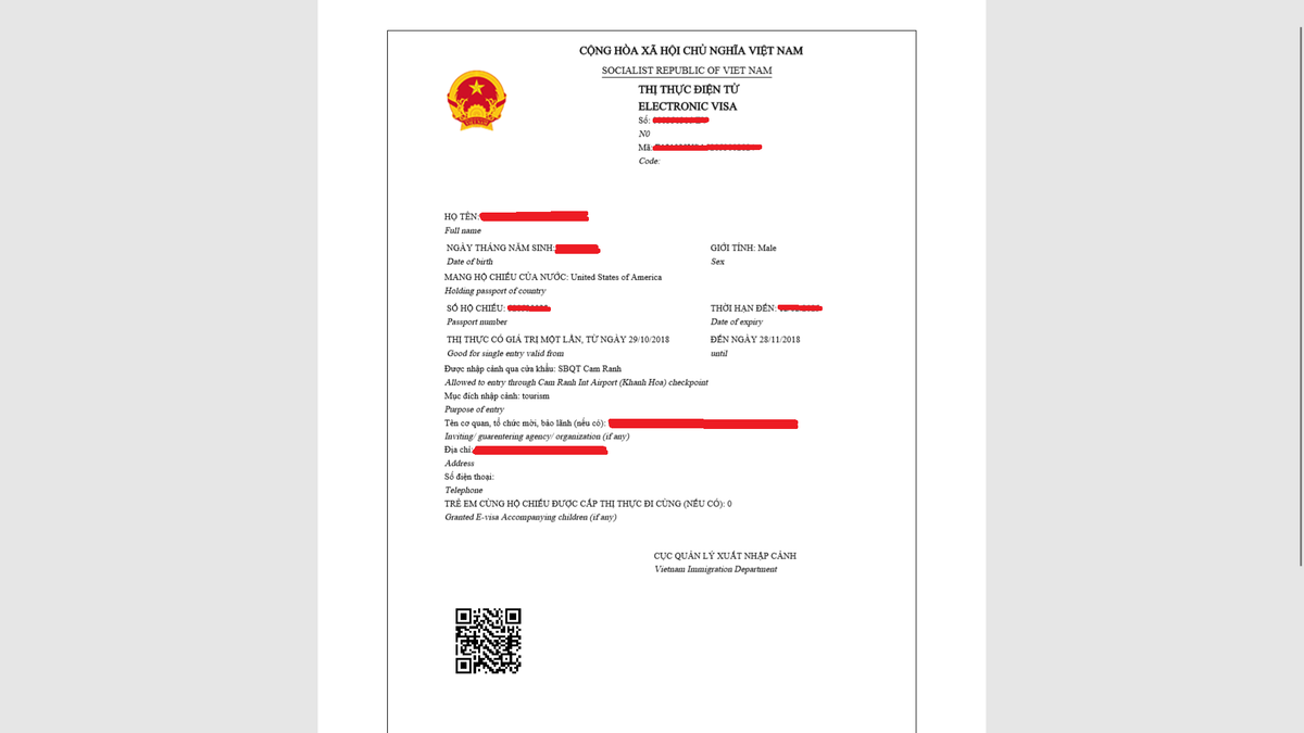 Так выглядит готовая электронная вьетнамская e-Visa.