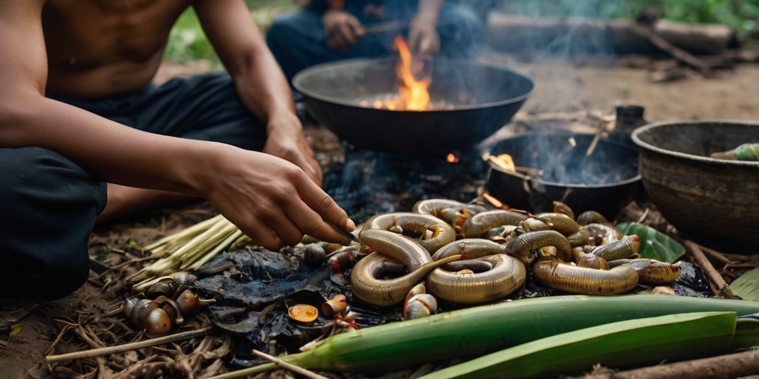 Думали ,в деревне нас будут угощать рисом. Оказалось — тут едят то, что даёт река и джунгли(2 часть)