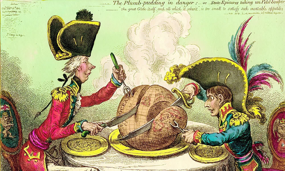 Карикатура Наполеон и Питт делят мир (XIX век).