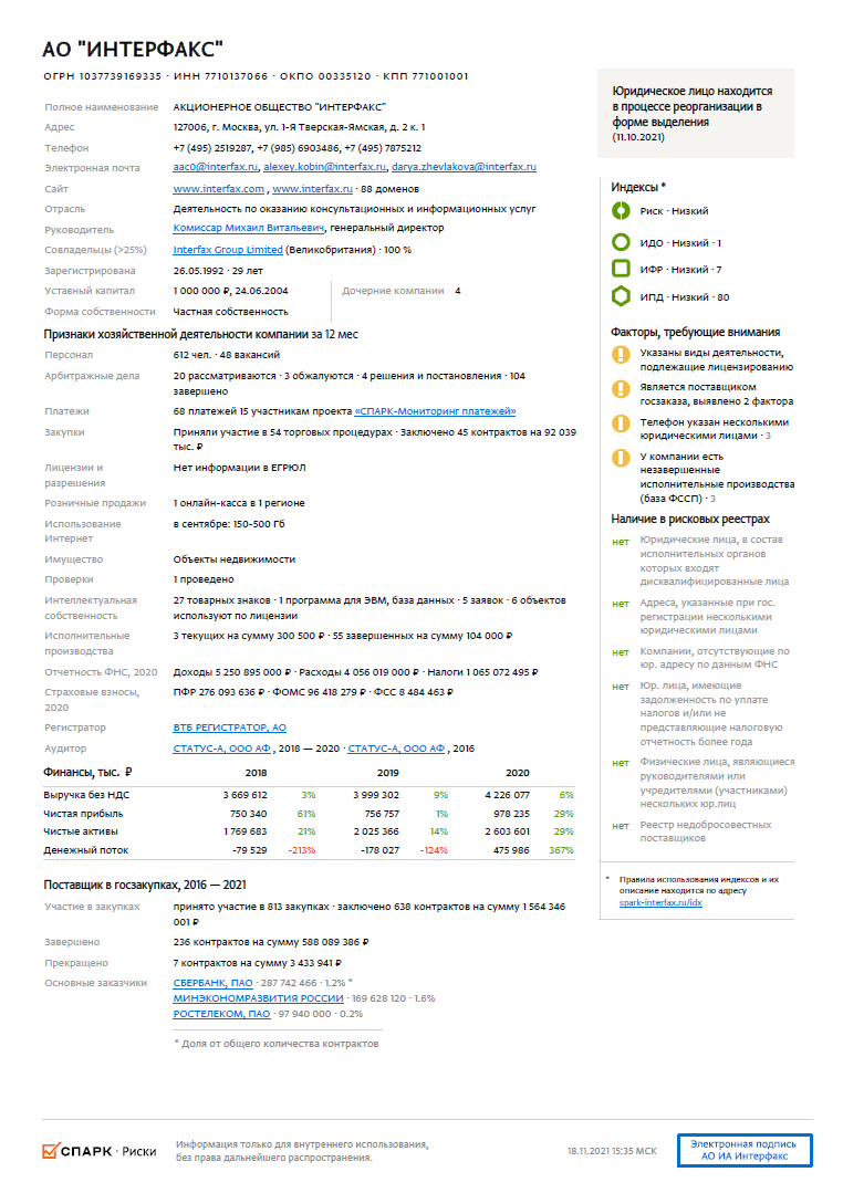 Бизнес-справка сервиса 1СПАРК РИСКИ