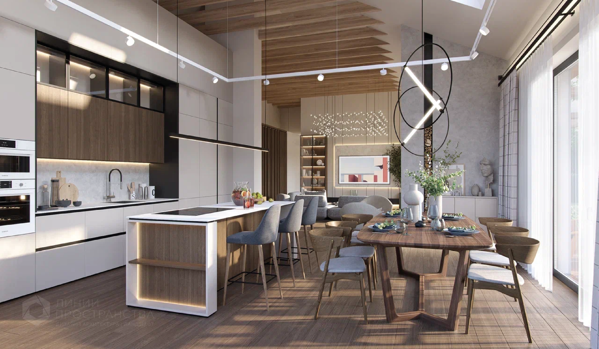 Дизайн кухни в загородном доме от студии архитектуры и дизайна Линии Пространства