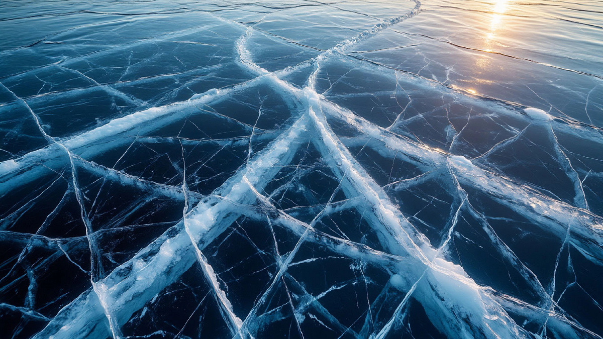 Замёрзшая гладь, словно стекло, укрытое сетью древних трещин.
Этот лёд поёт, когда мороз крепчает, и скрывает под собой целые миры.
Где-то здесь вода стала памятью.