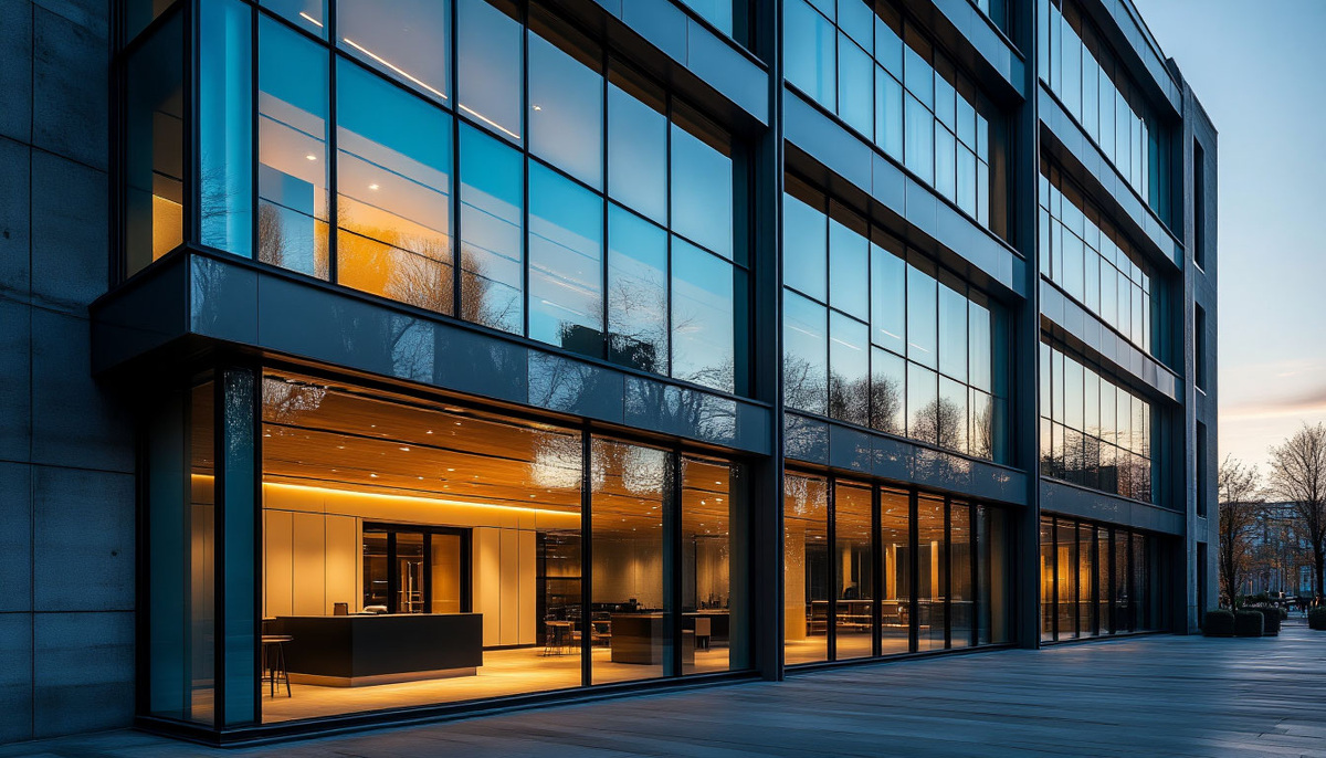 Фасад из противопожарного стекла.