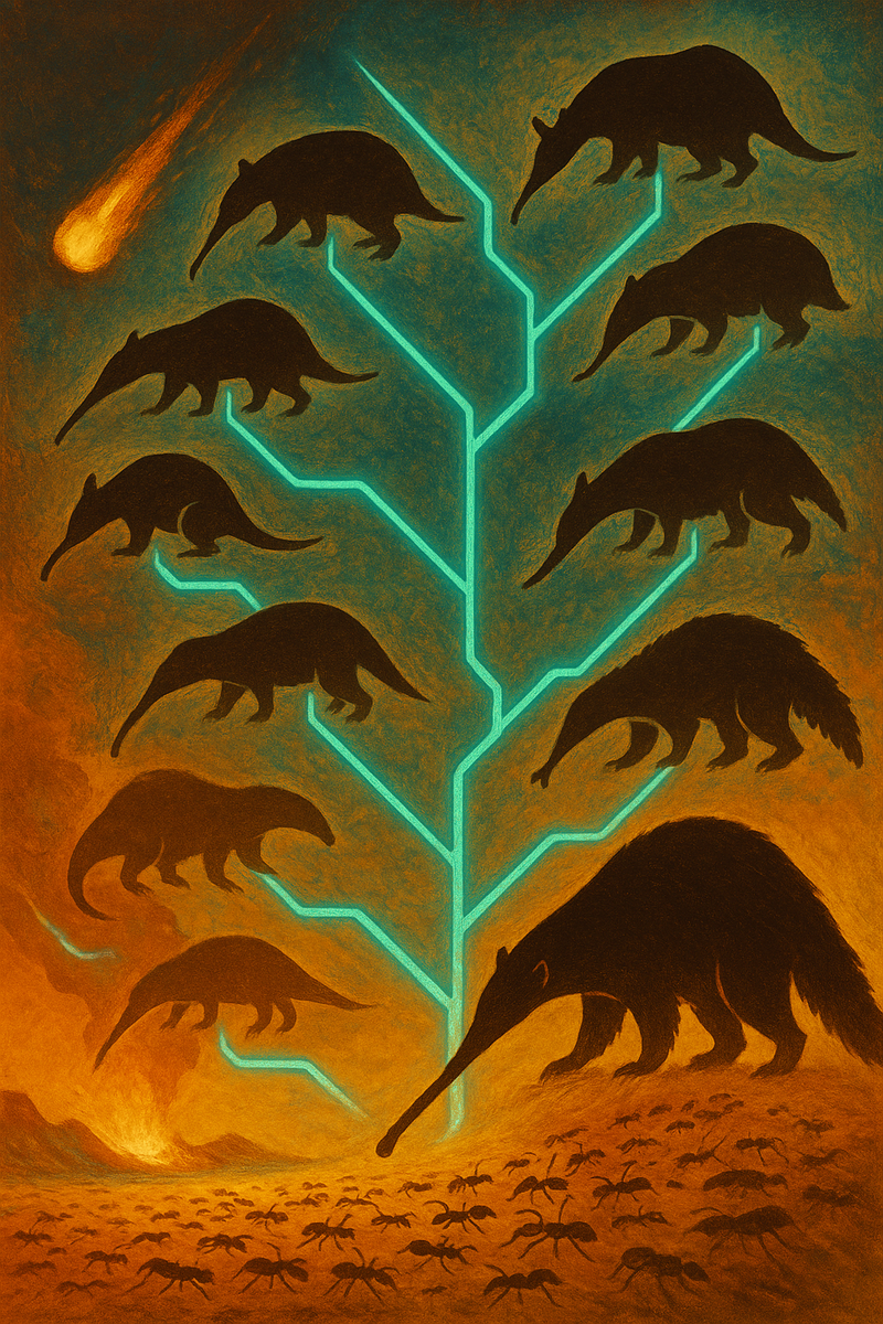 Палео‑арт‑картина: из светящегося эволюционного «древа» после метеоритной катастрофы расходятся двенадцать ветвей, на которых силуэты разных млекопитающих постепенно превращаются в муравьедов — от панголина до гигантского муравьеда. Внизу копошится рой муравьёв, подчёркивая выбор питания, а тёплая охра фона передаёт атмосферу далёкого послеполеденциалистического мира.