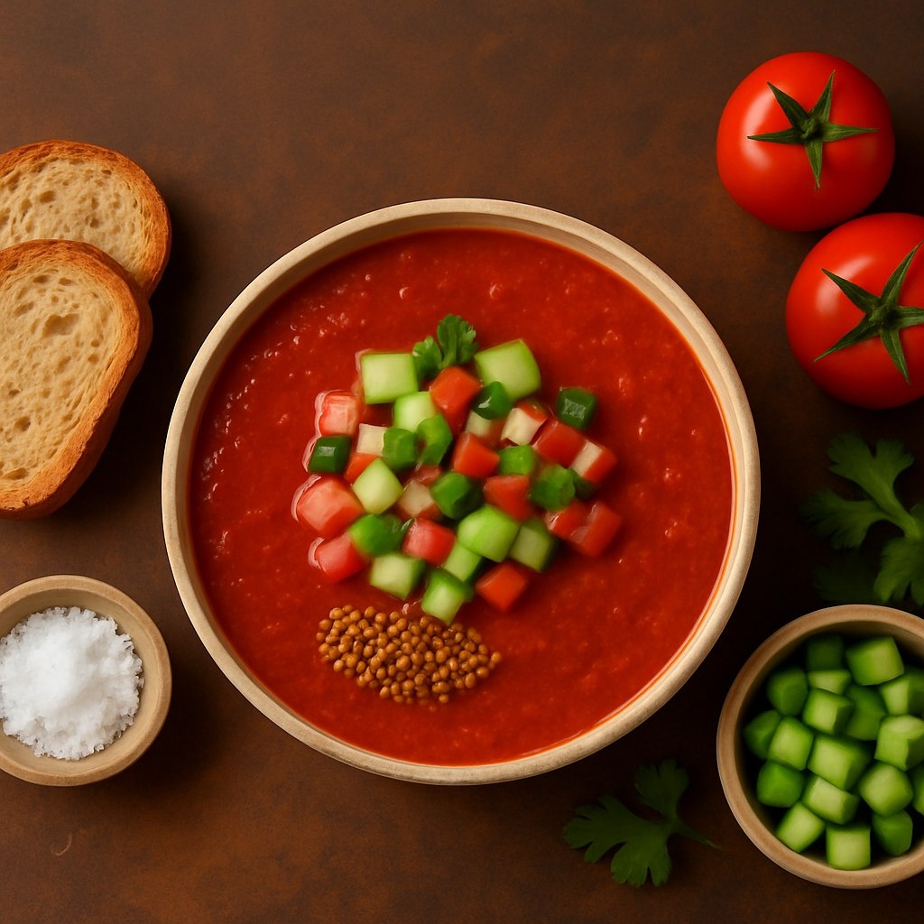 Автор текста специально адаптировал традиционный рецепт гаспачо, добавив русские продукты и элементы традиционной подачи.