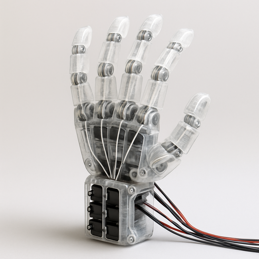 Полупрозрачная 3D‑печатная кисть‑робот с четырьмя пальцами и видимыми сервоприводами демонстрирует «внутренности» — шарниры, тяги‑«сухожилия» и компактный блок приводов в основании. Лаконичный серый фон подчёркивает инженерную эстетику недорогого open‑source проекта.