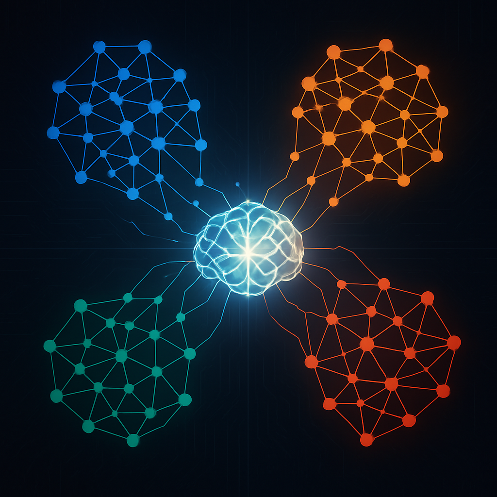 Четыре разноцветные нейросети, как лепестки, сходятся в сияющее «ядро‑мозг» в центре тёмной схемы — символ идеи, что все ИИ‑модели по сути ведут к одному и тому же универсальному алгоритму.