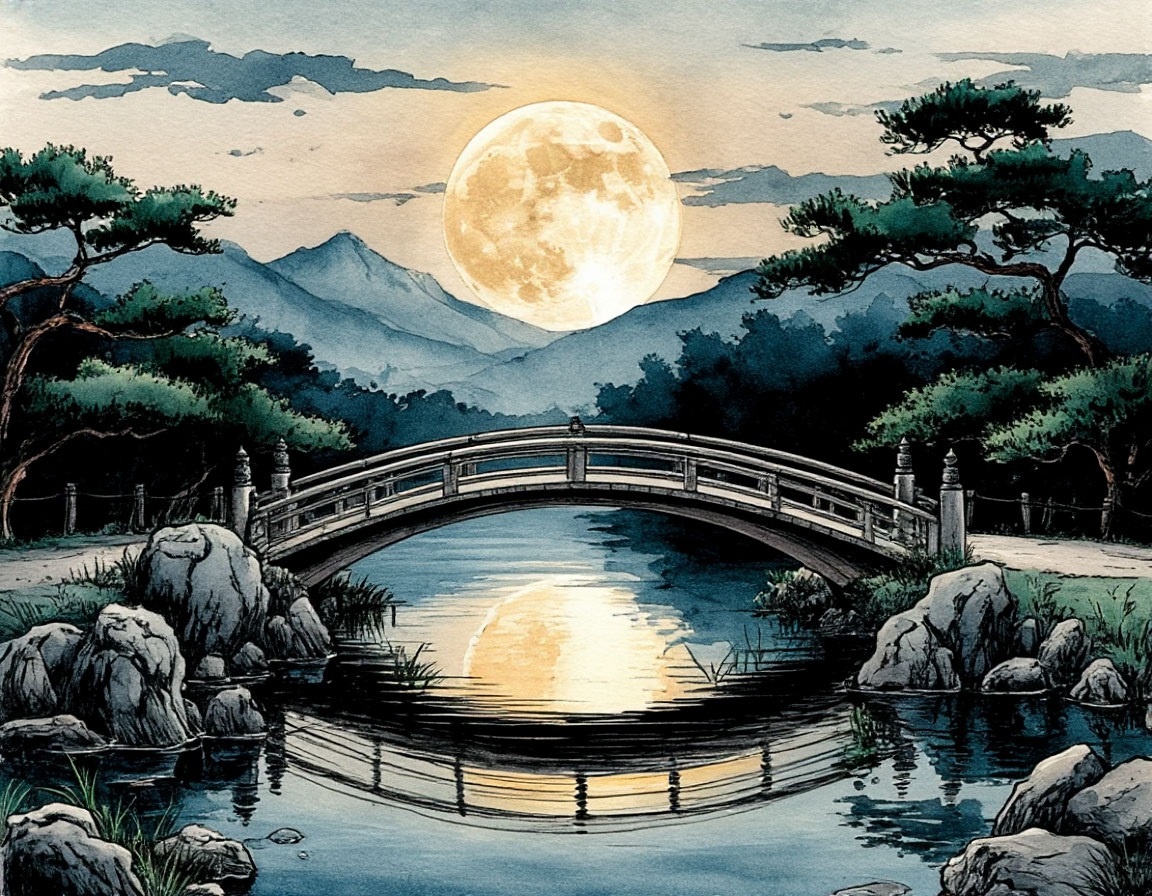 Мост, луна, горы, сосны, водв - супер дзен