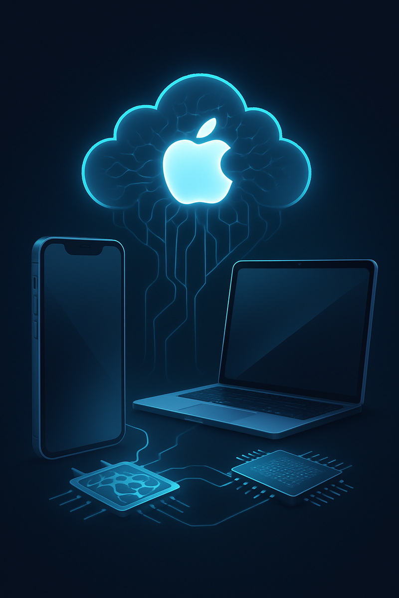 iPhone и MacBook соединены светящимися «нейронными» линиями с облаком, в центре которого парит логотип Apple; два микрочипа символизируют компактную on‑device 3B‑модель и мощную облачную PT‑MoE, подчёркивая дуэт приватных и серверных LLM, представленных в отчёте 2025.