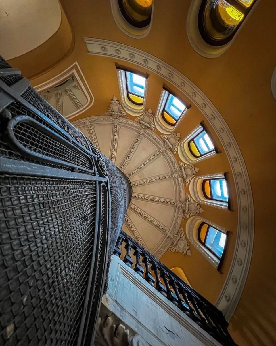 Парадная Ромашка в Санкт-Петербурге, вид снизу на спиральную лестницу и купол.