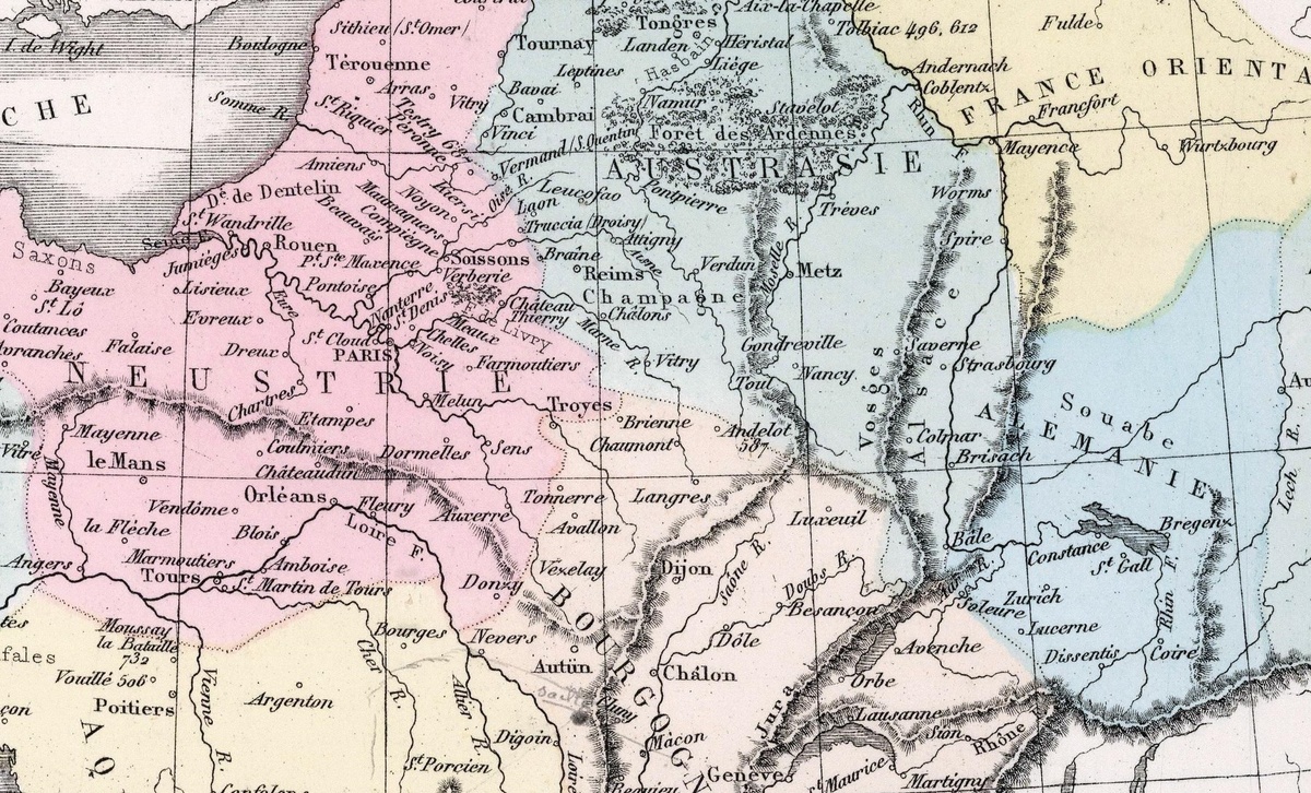 Поздняя карта, но разделение на Нейстрию и Австразию примерно такое же как в годы нашей истории