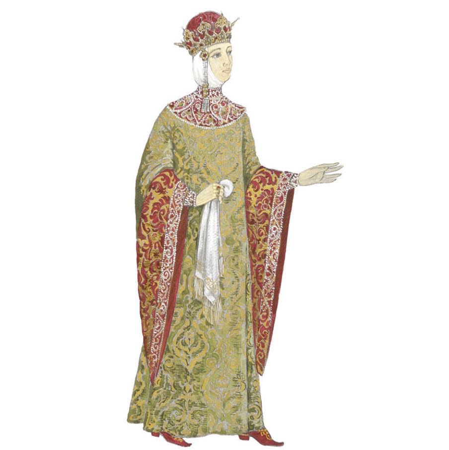 Летник с вошвами. Эскиз костюма для образовательной музейной программы с элементами театрализации. Музеи Московского Кремля, 2005. Художник: О.Н. Поликарпова.