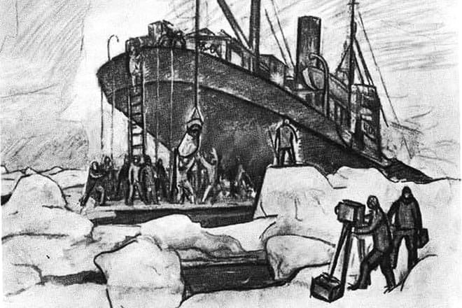 Художник Ф.П. Решетников. Ремонт «Сибирякова». Репортерская зарисовка. 1932 год. Фото из архива автора