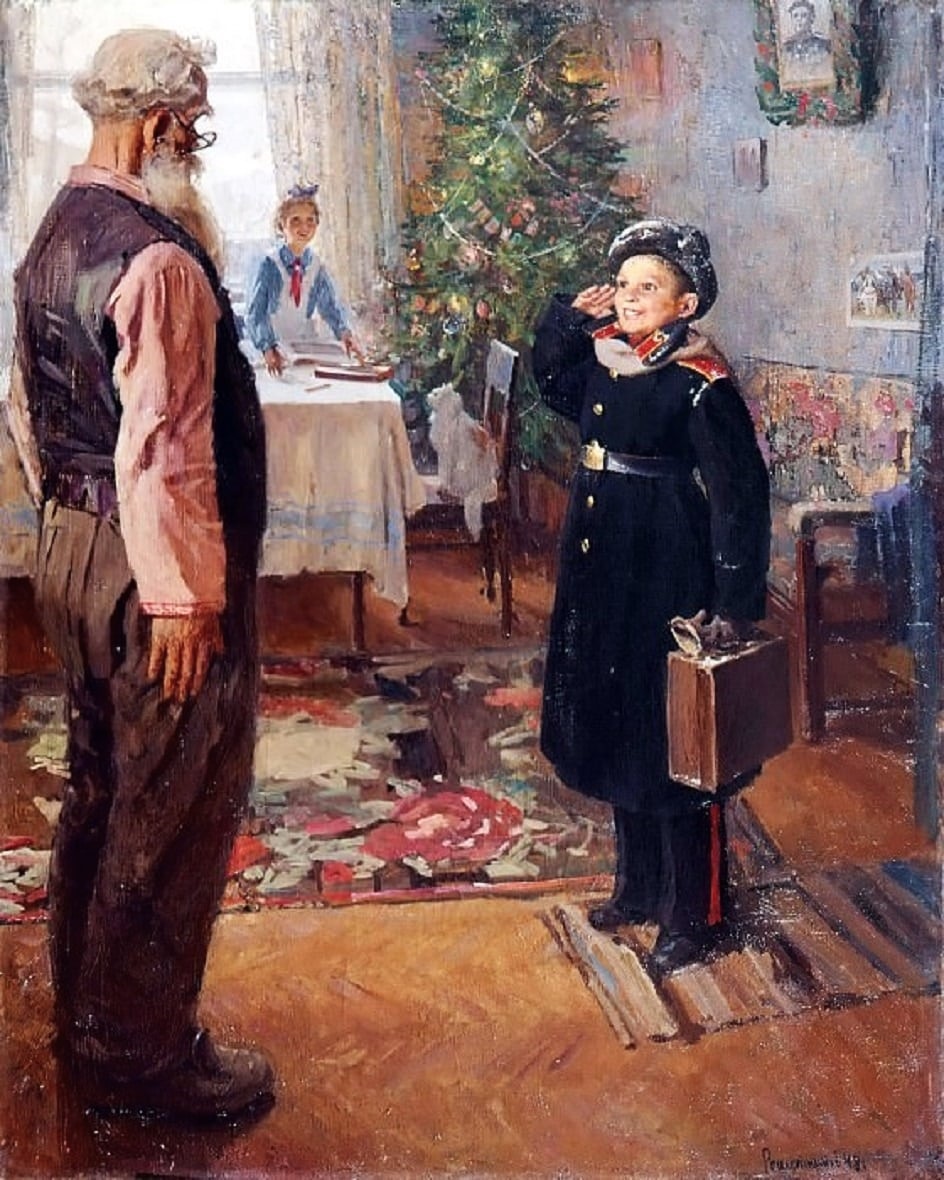 Маркированная почтовая карточка Минсвязи СССР 1953 года с репродукцией картины художника Ф.П. Решетникова  «Прибыл на каникулы»