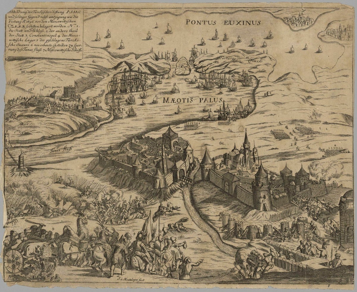 
Взятие крепости Азов в 1696 году. Гравюра Монталегре конца XVII в.
Источник: ru.wikipedia.org