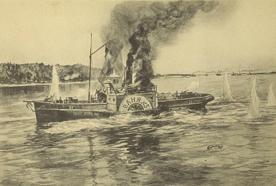 Канонерская лодка «Ваня». Репродукция работы И.А. Владимирова «Бой под Пьяным Бором (на реке Каме)».