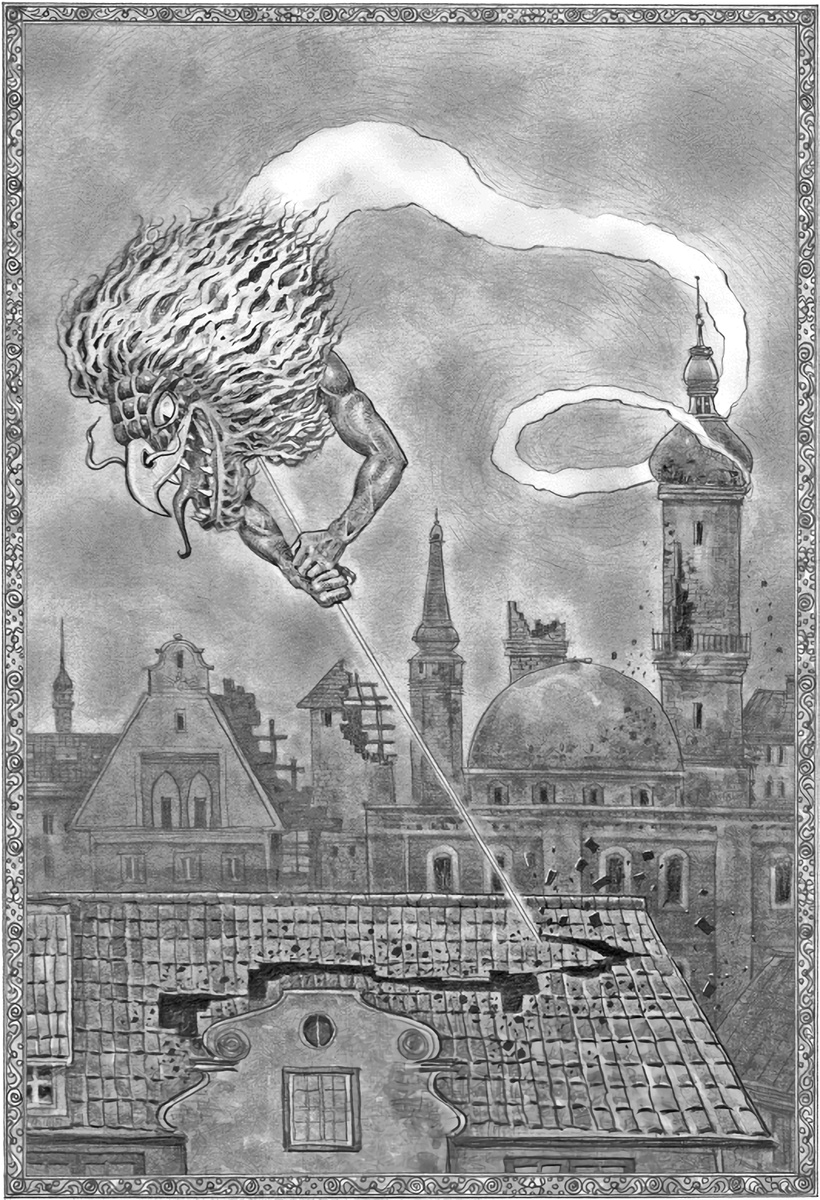 Джинн срывает зло на городе, пока Йеннифэр пытается его захомутать. Иллюстрация Александра Продана.