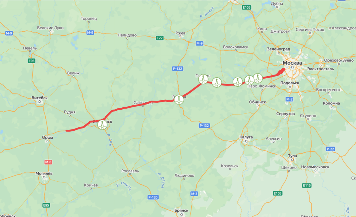 В России М1 проходит по Московской и Смоленской областям. Прилегающие к трассе дороги ведут в Одинцово, Можайск, Гагарин, Вязьму, Смоленск. В Беларуси автодорога проходит по Витебской, Минской, Гродненской и Брестской областям. Например, в Минск или Брест можно попасть, если съехать с трассы на прилегающие дороги
