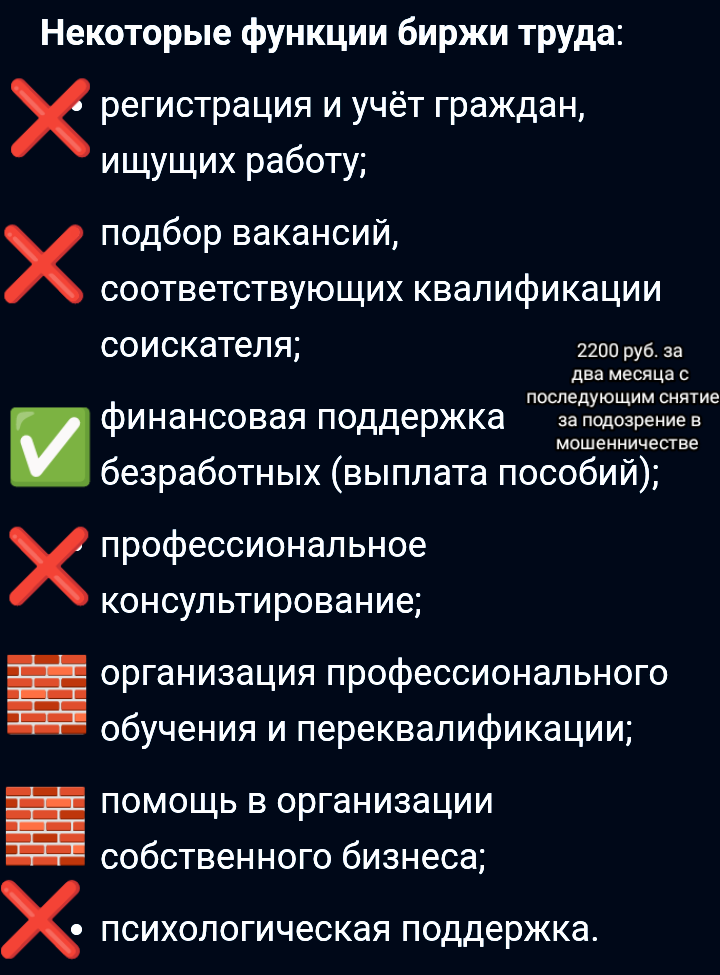 Функции биржи труда описанные сайтом Скай.про: ❌- не соответствует действительности; ✅- соответствует действительности; 🧱 - не удалось проверить.