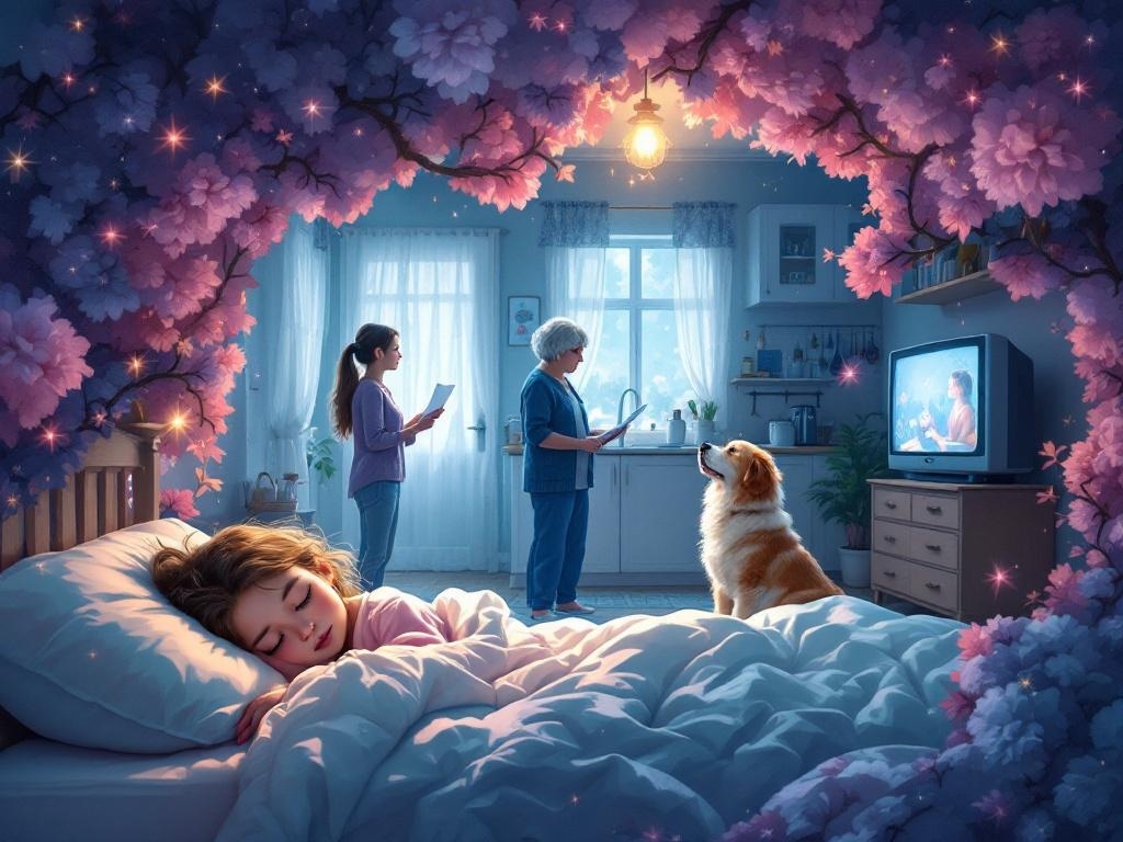    К чему такое снится: На картине я изобразил сцену на кухне, где внучка стоит с листком бумаги в руках рядом с сидящей бабушкой, которая смотрит телевизор. В углу комнаты лежит собака, из