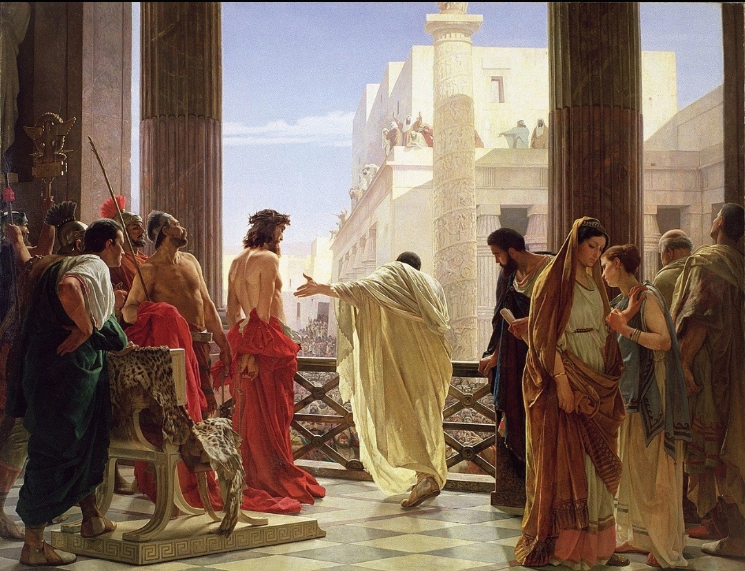 Ecce Homo (Се, Человек!). На картине Антонио Чизери Понтий Пилат показывает подвергшегося бичеванию Иисуса жителям Иерусалима, в правом углу изображена скорбящая жена Пилата.