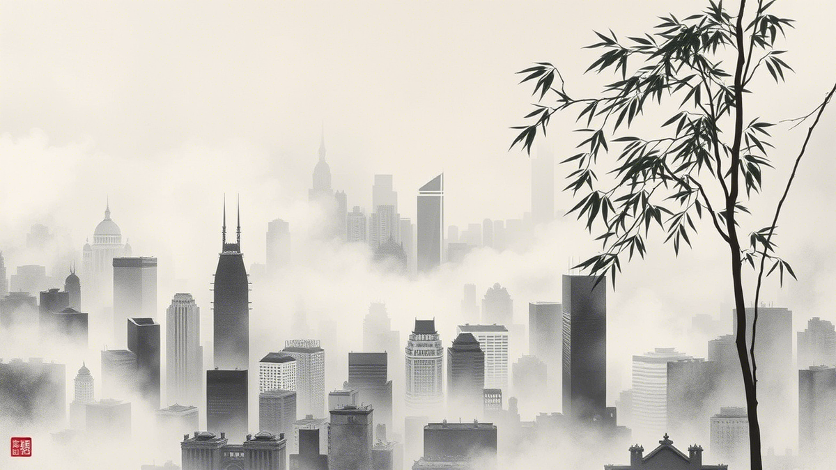 Рисунок в исполнении GPT (промпт: нарисуй город, следуя девяти принципам китайской живописи по Француа Жюльену)