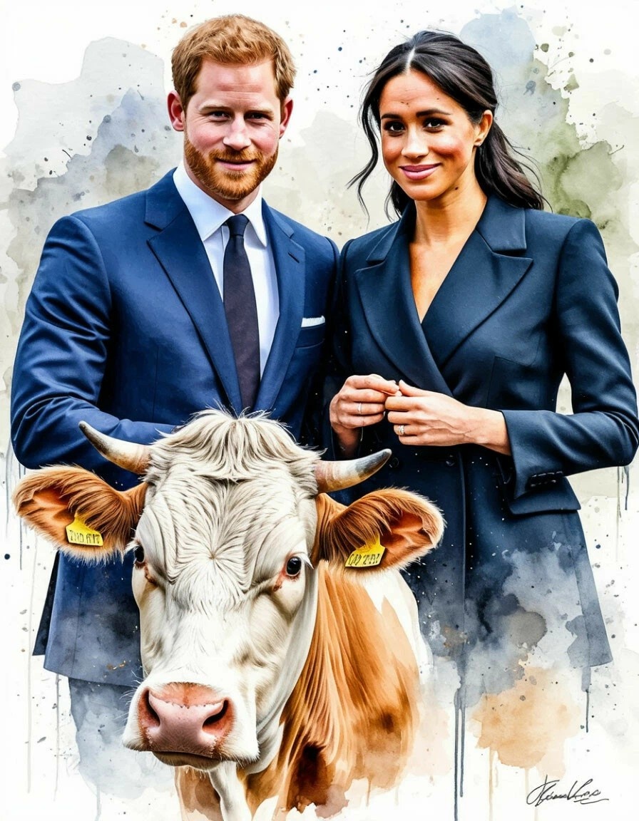 Меган, Гарри, снег и корова. Рисунок из Шедеврума. 