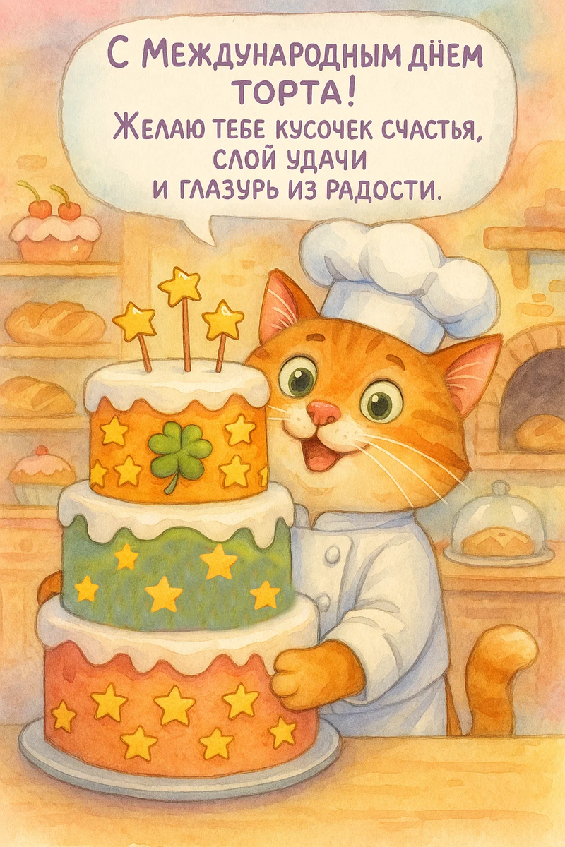 Открытка из серии «Международный день торта». Моя идея, исполненная с помощью нейросети.